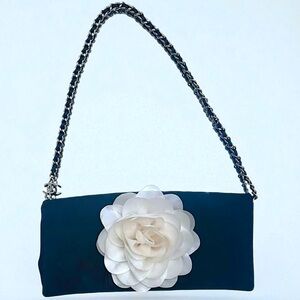 CHANEL Black Quilted Flower Clutch with Chain Strap